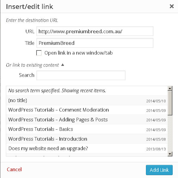 Insert/Edit link Popup with an external web address
