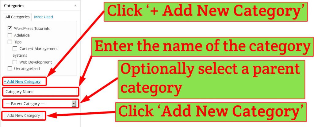 Adding new WordPress category in post editing screen