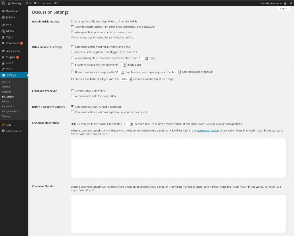 The WordPress discussion settings sets up behavior for handling comments