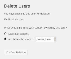 Wordpress delete user dialog box