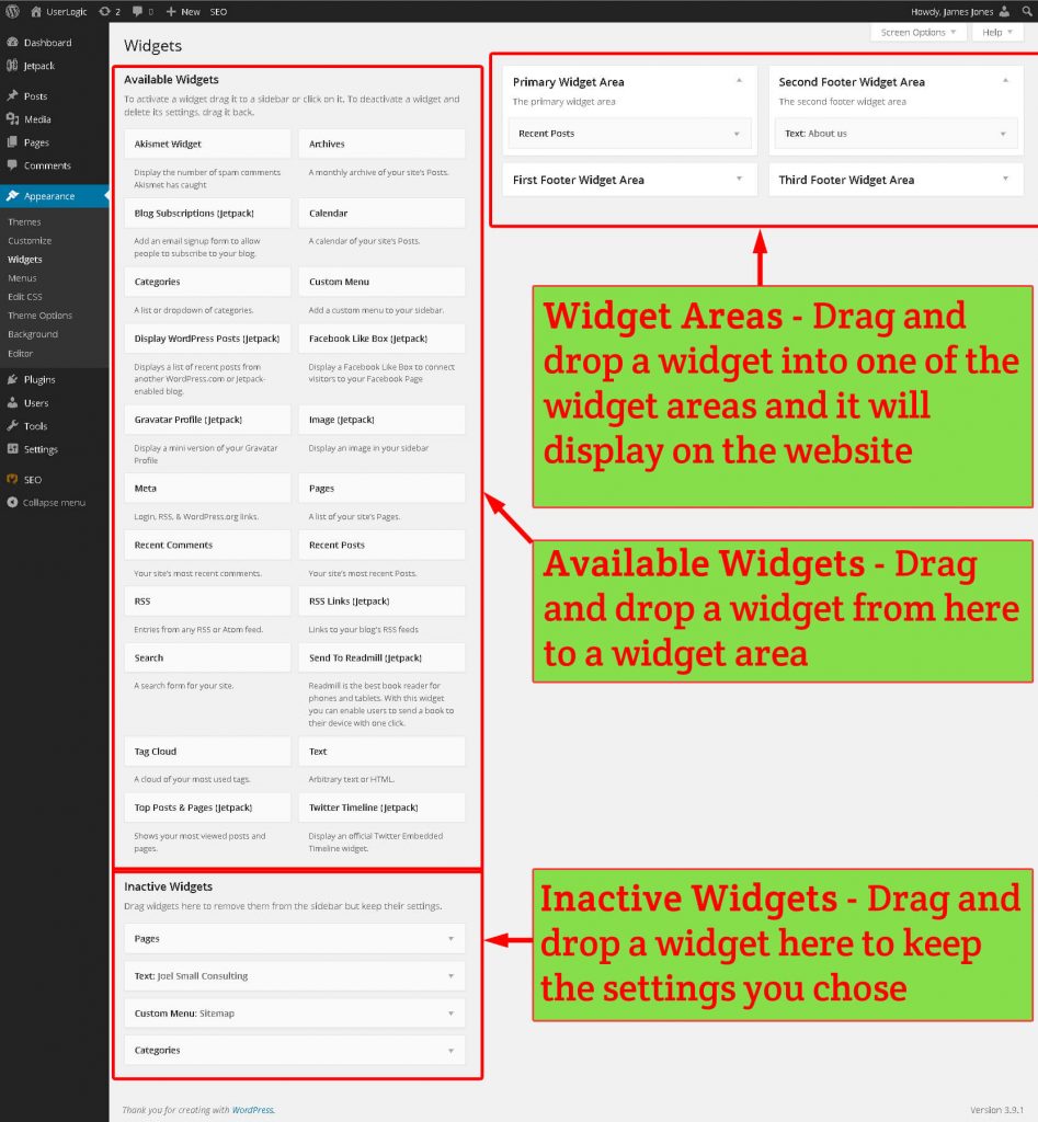 WordPress widget management screen